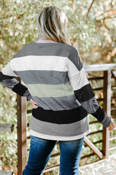 swvws Plus Size Striped Slit Long Sleeve T-Shirt