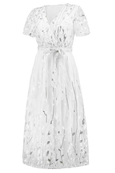 swvws Sequin Leaf Embroidery Tie Front Short Sleeve Dress