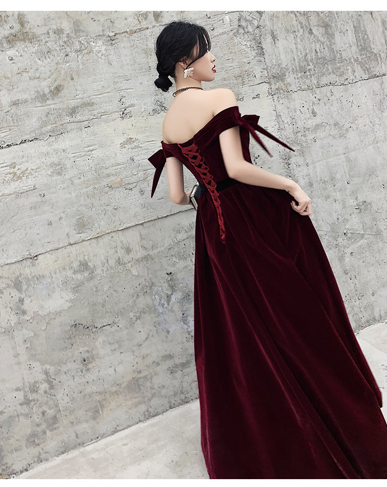 Tmallworld Wine Red Velvet Off Shoulder Party Dress, A-line Velvet Bridesmaid Dress Prom Dress