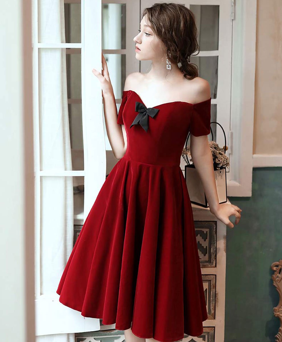 Tmallworld Dark Red Velvet Party Dress Short Homecoming Dress, Wine Red Formal Dress