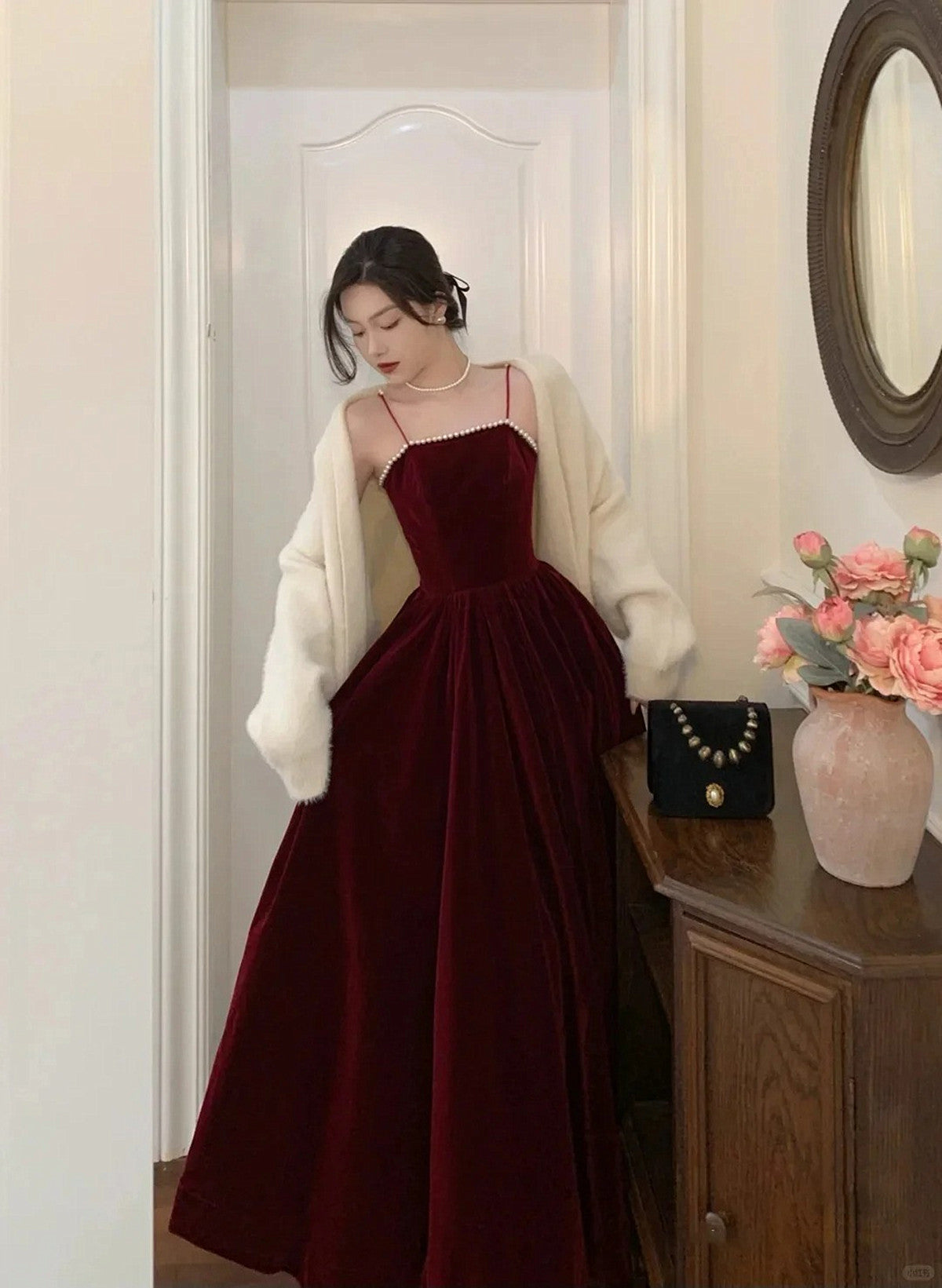 Tmallworld A-line Straps Wine Red Velvet Long Formal Dress, Wine Red Prom Dress