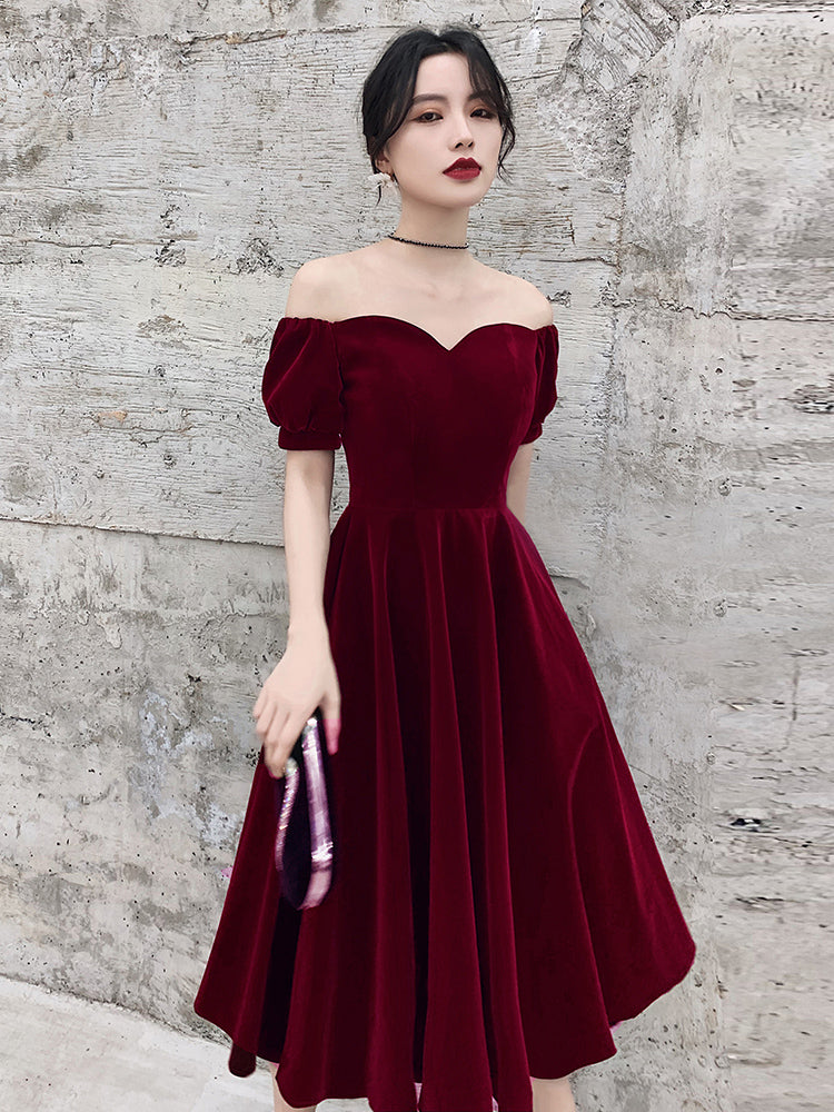 Tmallworld Wine Red Short Velvet Evening Dresses, Off Shoulder Prom Dresses Bridesmaid Dress