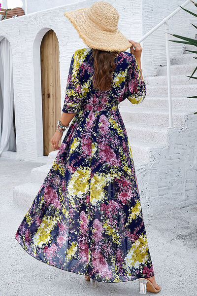 swvws Printed Tied Half Sleeve Slit Dress