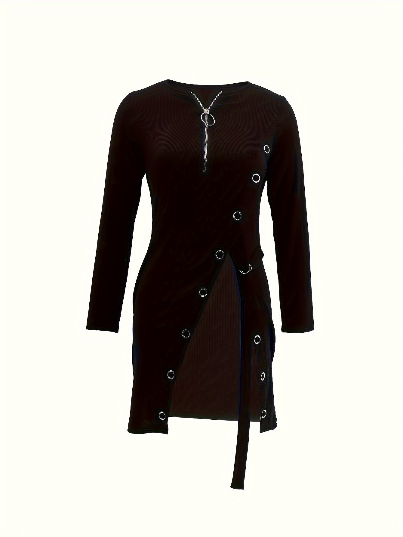 Fashionable Long-Sleeve V-Neck Knit Dress with Zipper and Slit Details - Fall/Winter Collection