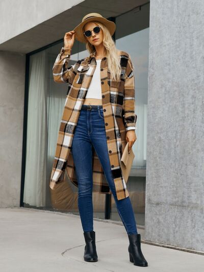 swvws Plaid Pocketed Button Up Trench Coat