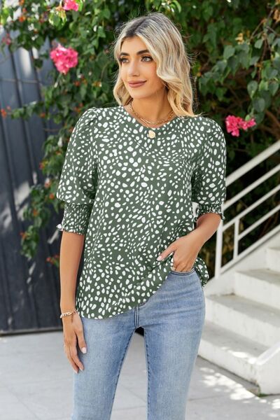 swvws Polka Dot Round Neck Lantern Sleeve Blouse