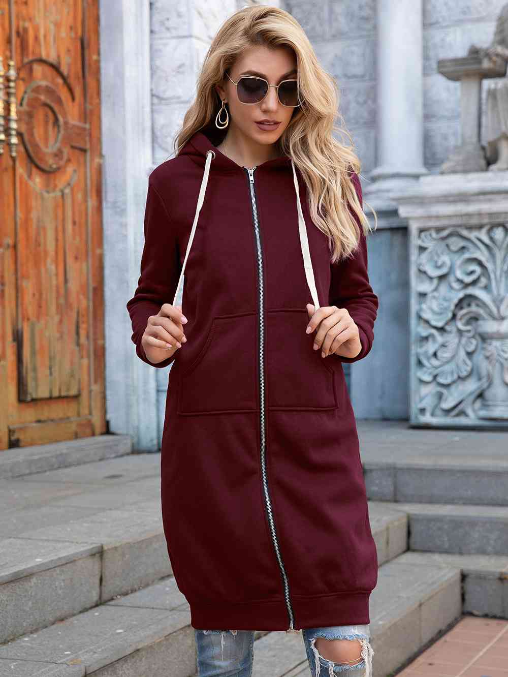 swvws Zip-Up Longline Hoodie with Pockets