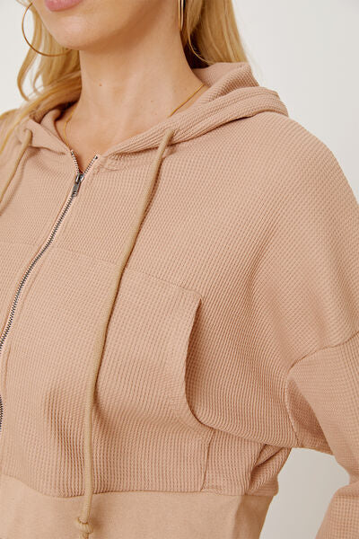 swvws Waffle-Knit Drawstring Zip Up Hoodie