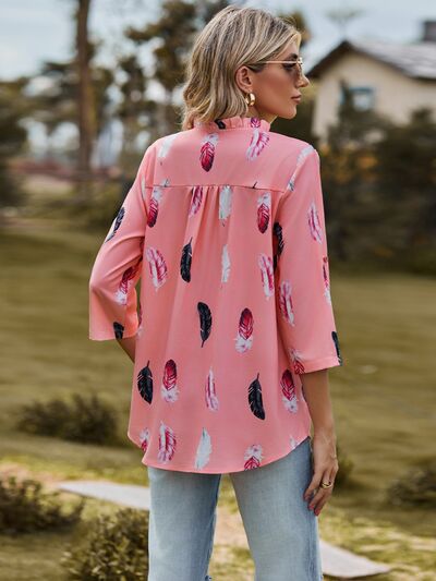 swvws Printed Frill Notched Roll-Tab Sleeve Blouse