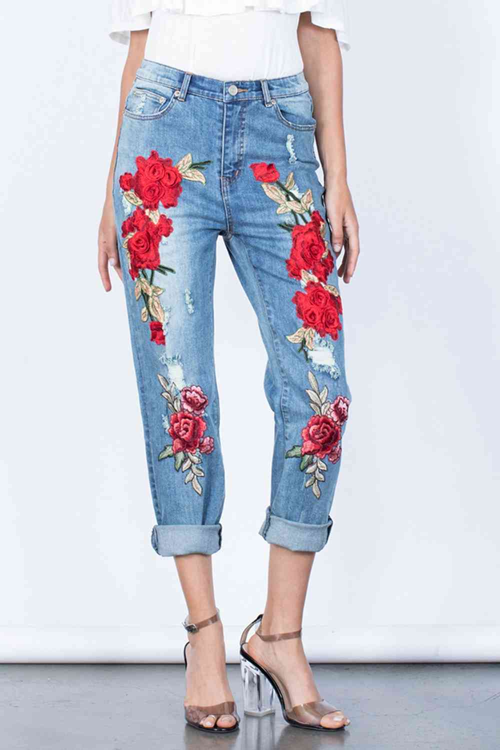 swvws Full Size Flower Embroidery Buttoned Jeans