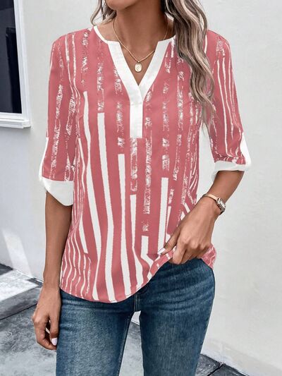 swvws Striped Notched Half Sleeve Blouse