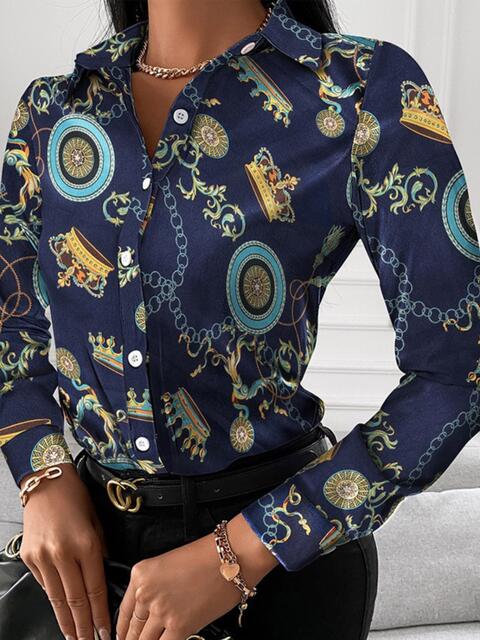 swvws Printed Collared Neck Long Sleeve Shirt