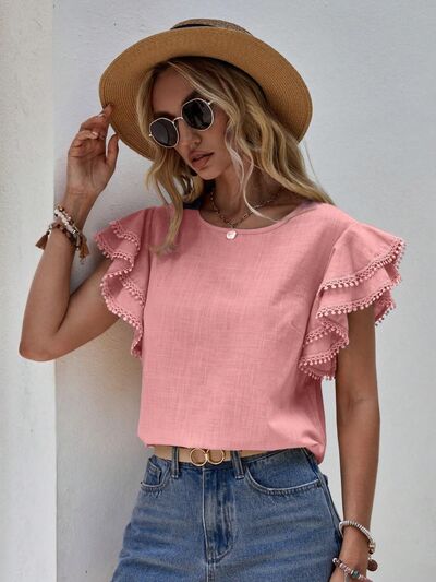 swvws Ruffled Cap Sleeve Round Neck Blouse