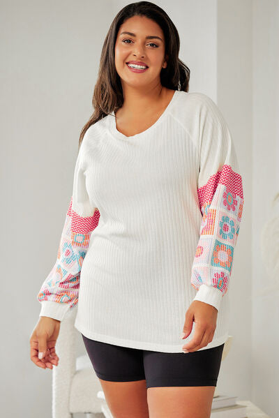 swvws Plus Size Flower Pattern Round Neck Long Sleeve T-Shirt