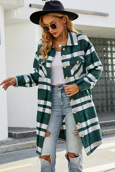 swvws Plaid Button Up Collared Neck Coat with Pockets