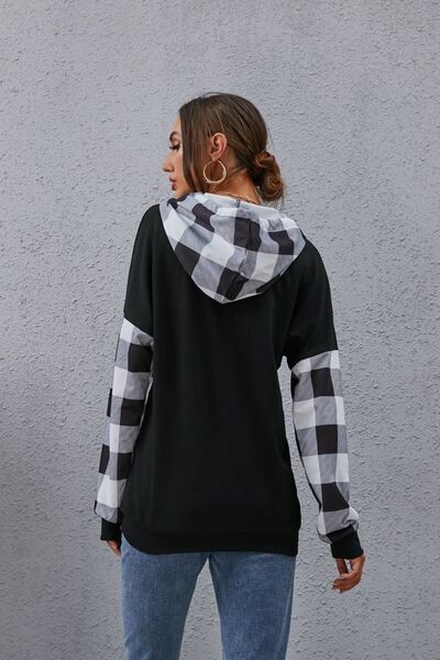 swvws Plaid Drawstring Dropped Shoulder Hoodie