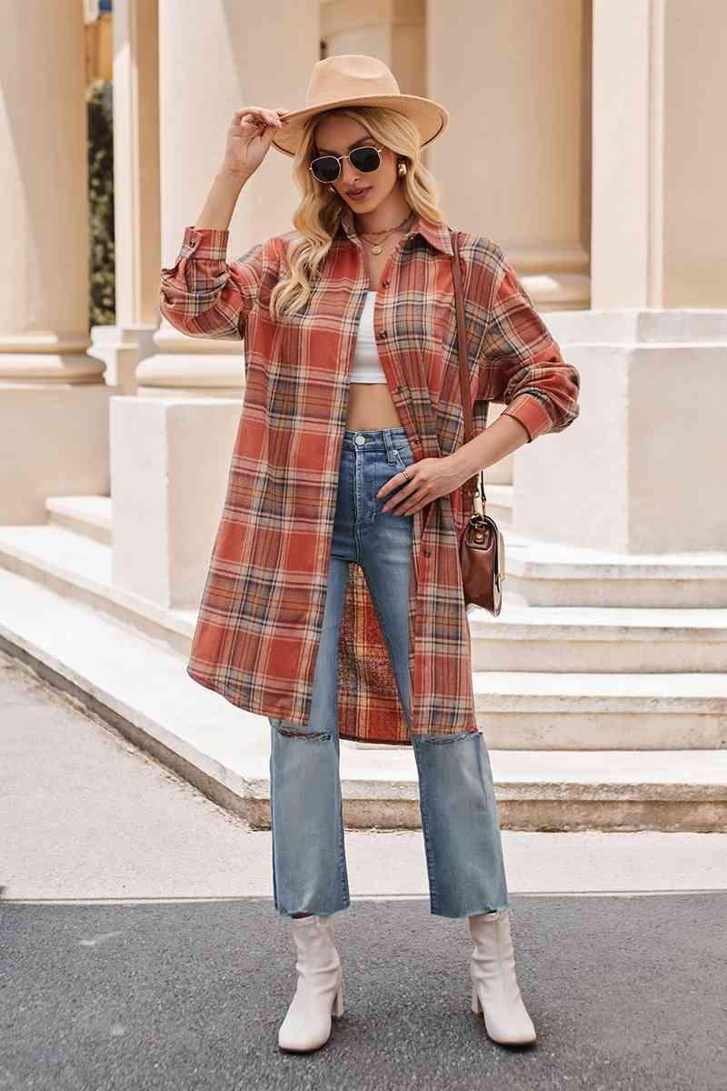 swvws Plaid Collared Neck Long Sleeve Coat