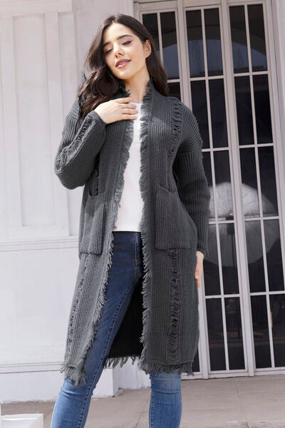 swvws Fringe Trim Open Front Cardigan with Pockets