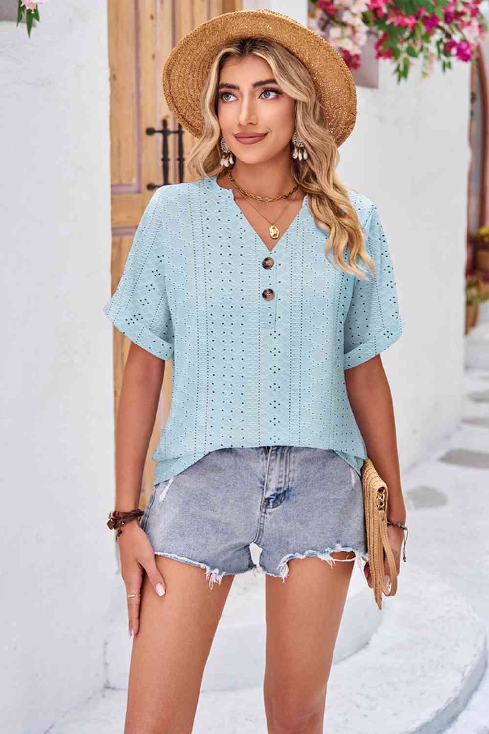 swvws Buttoned Notched Neck Eyelet Top