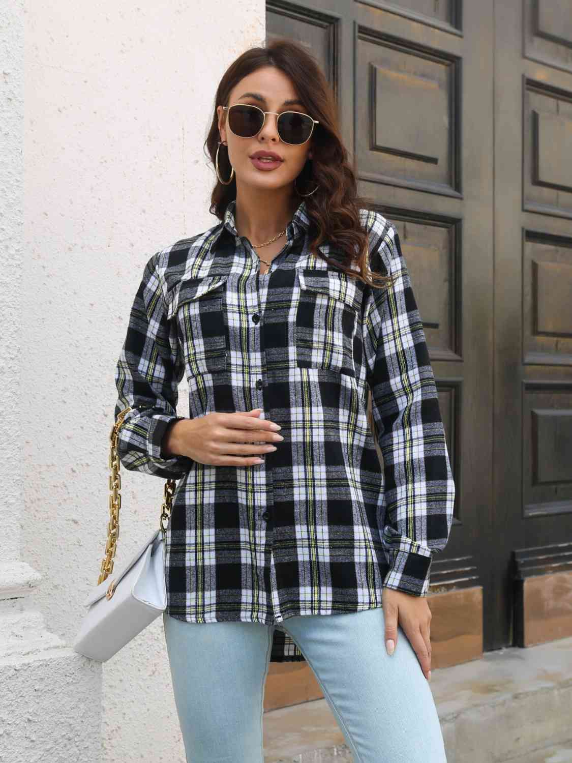 swvws Plaid Collared Neck Buttoned Shirt with Pockets