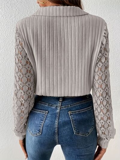 swvws Lace Detail Johnny Collar Long Sleeve Blouse