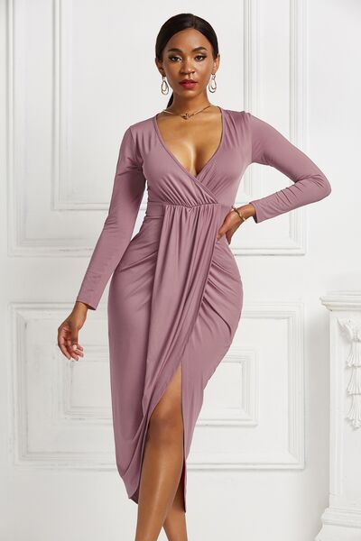 swvws High-low Ruched Surplice Long Sleeve Dress