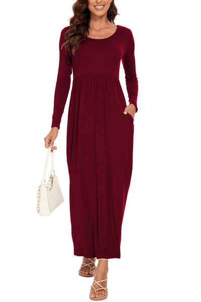 swvws Round Neck Long Sleeve Pocketed Maxi Dress