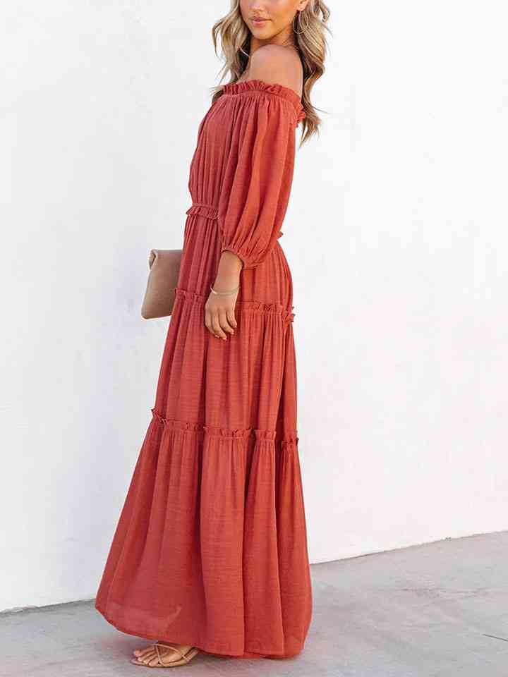 swvws Ruffle Trim Off Shoulder Long Sleeve Maxi Dress