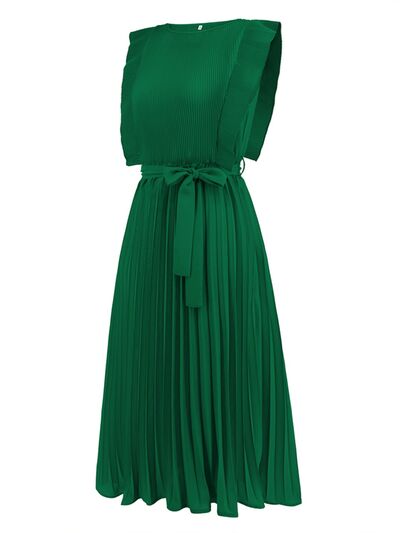 swvws Tied Round Neck Pleated Midi Dress