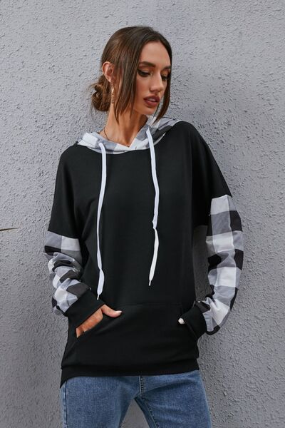 swvws Plaid Drawstring Dropped Shoulder Hoodie