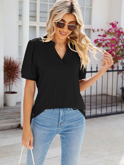 swvws Texture Notched Short Sleeve Blouse