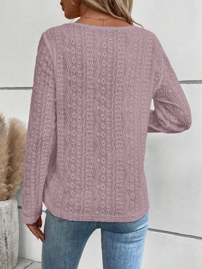 swvws Openwork Half Button Long Sleeve Blouse