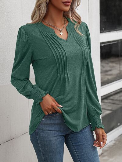 swvws Notched Smocked Lantern Sleeve Blouse