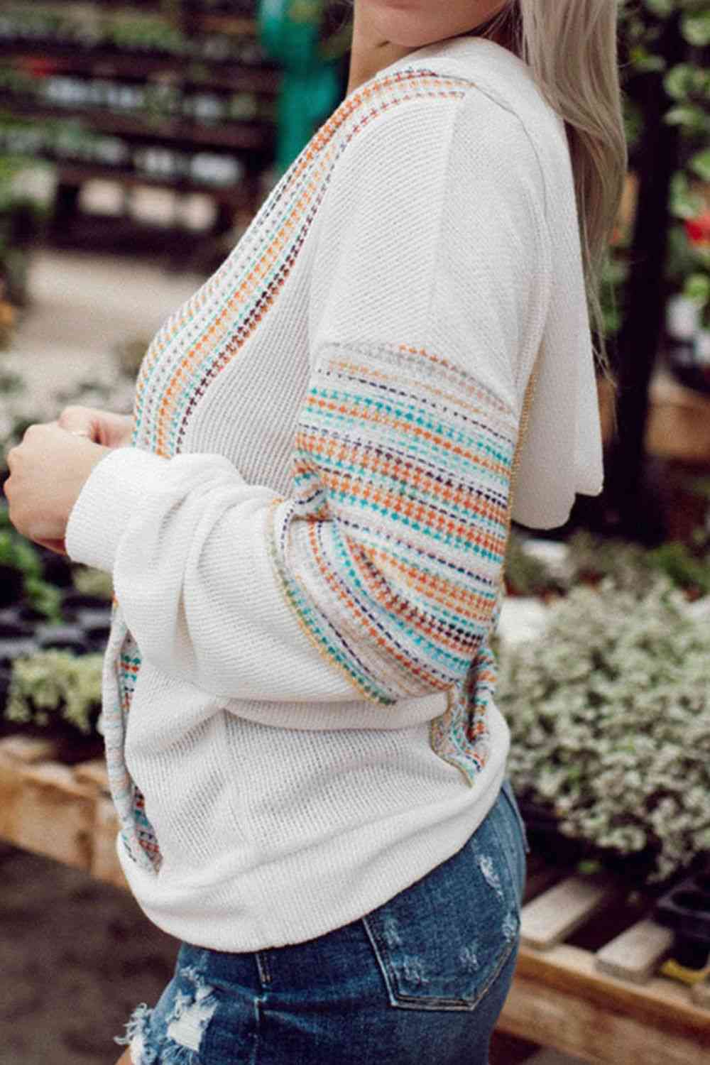 swvws Multicolor Striped Patchwork V Neck Drop Shoulder Knit Hoodie