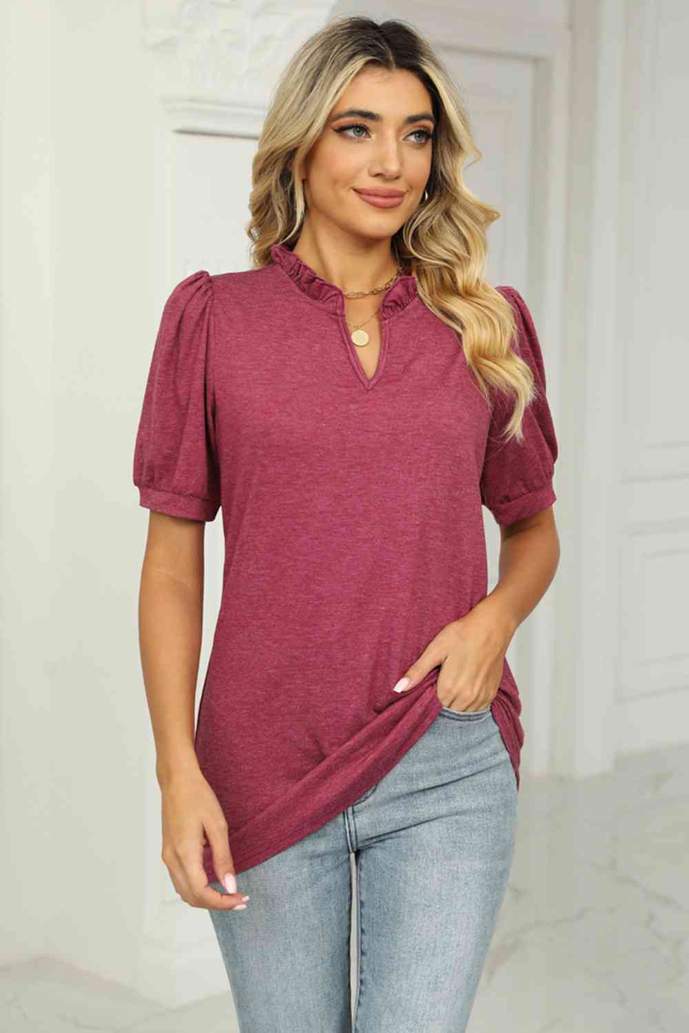 swvws Notched Neck Puff Sleeve T-Shirt