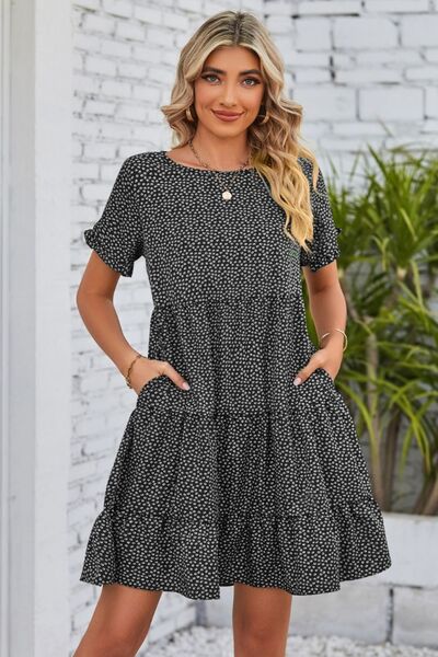 swvws Polka Dot Round Neck Tiered Dress