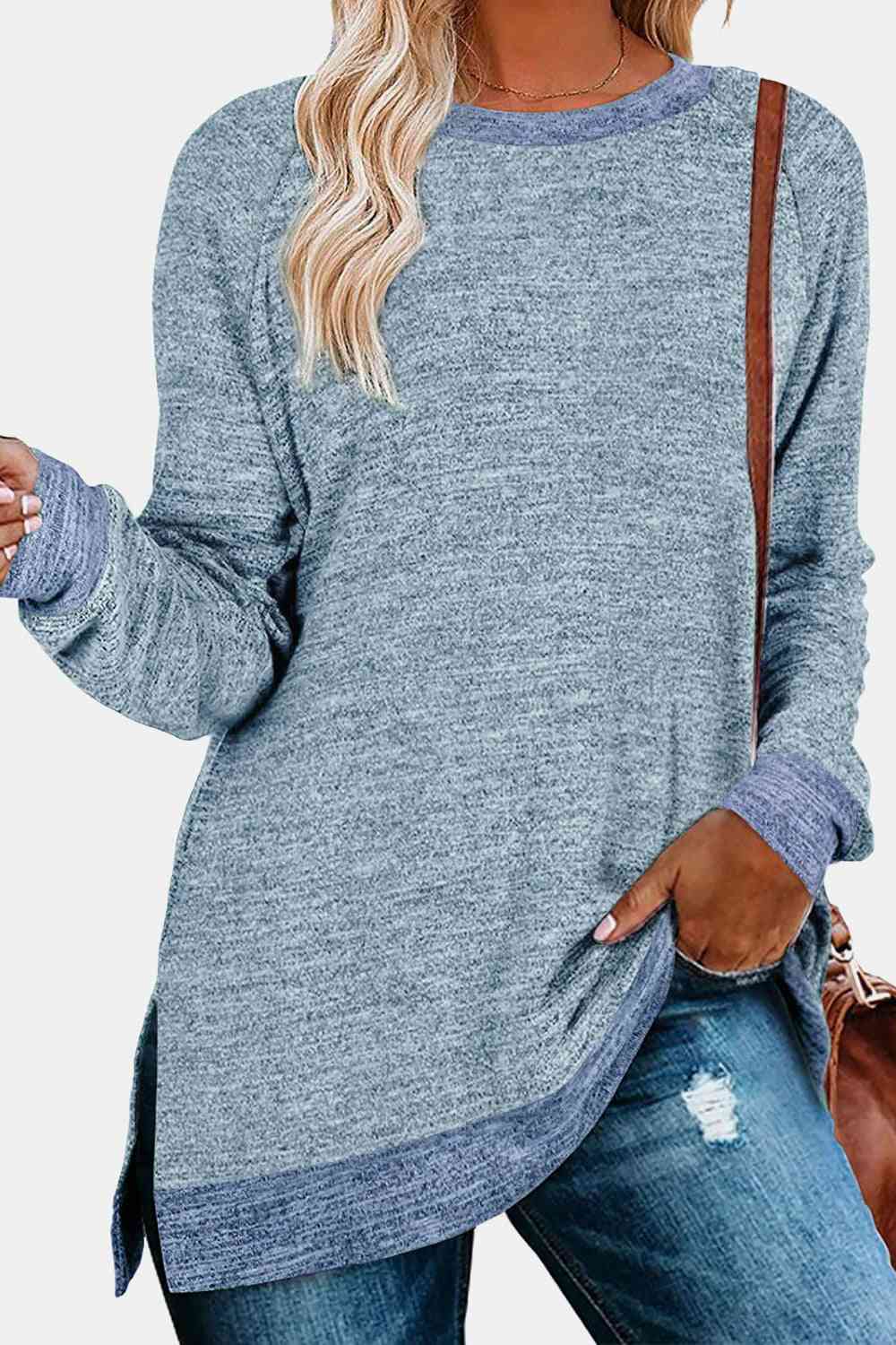 swvws Round Neck Long Sleeve Slit T-Shirt