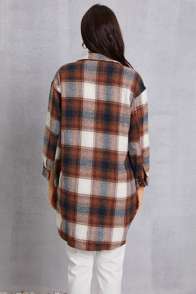 swvws Plaid Button Up Dropped Shoulder Coat with Pockets