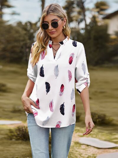 swvws Printed Frill Notched Roll-Tab Sleeve Blouse