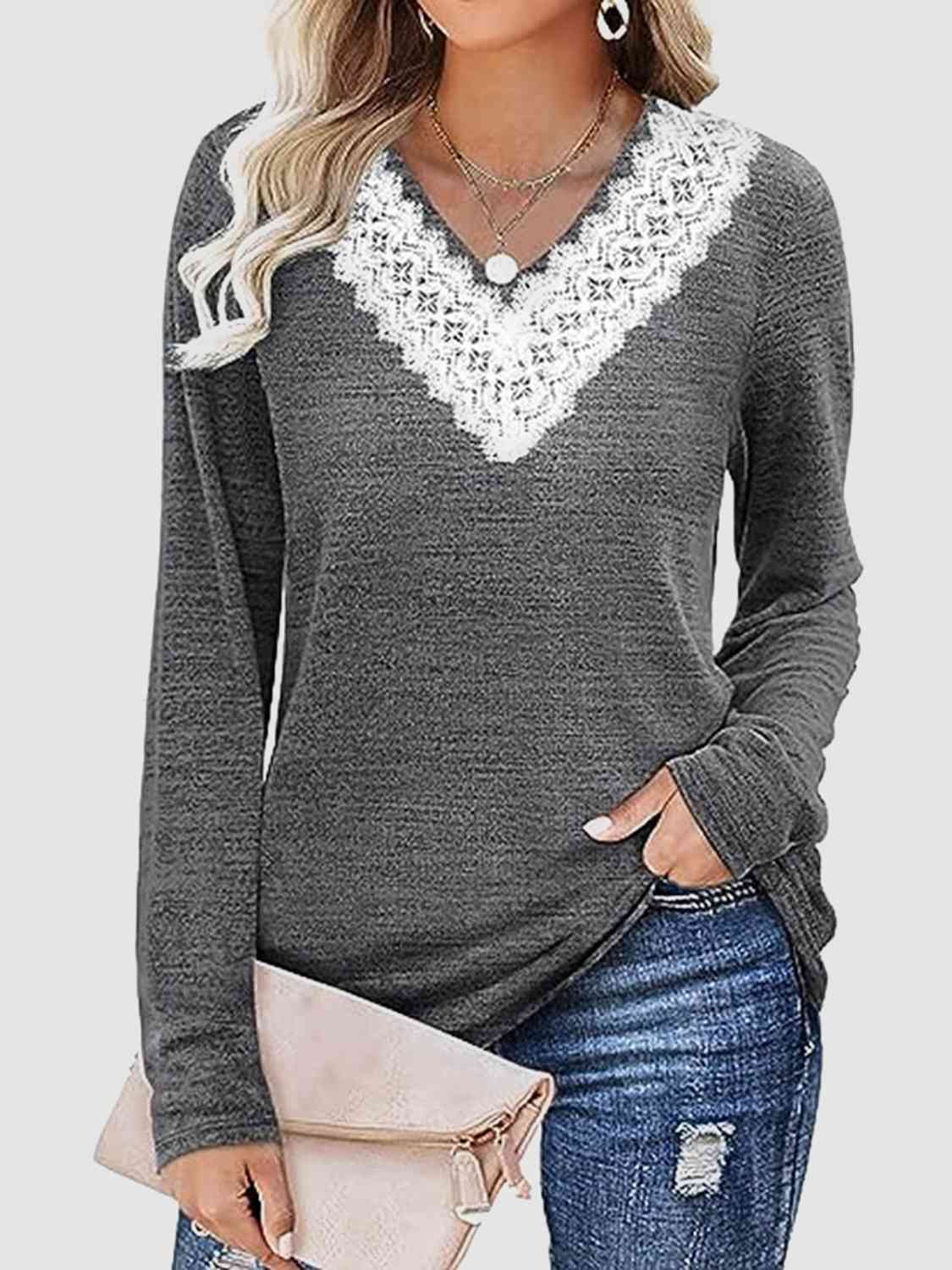 swvws Lace Detail V-Neck Long Sleeve Top