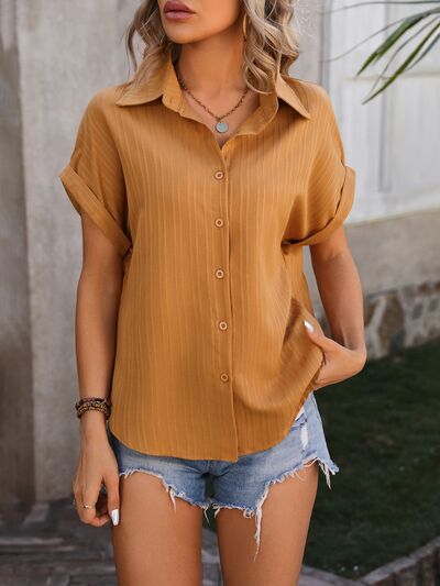 swvws Textured Button Up Cap Sleeve Shirt