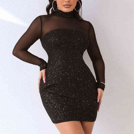 swvws Sequin Mock Neck Mesh Dress