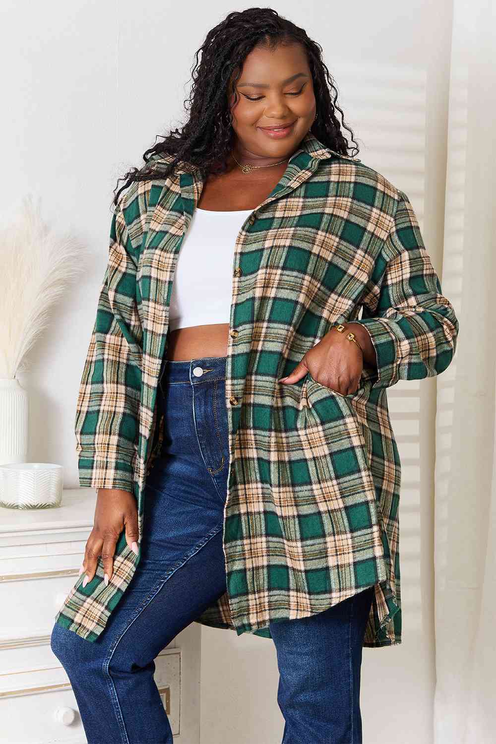 swvws Double Take Plaid Collared Neck Long Sleeve Shirt