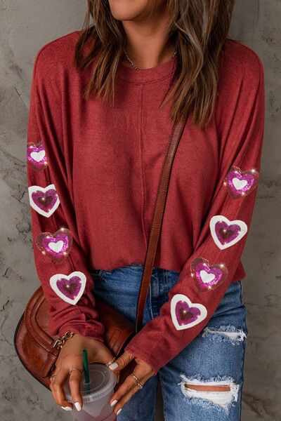 swvws Heart Sequin Round Neck Long Sleeve T-Shirt