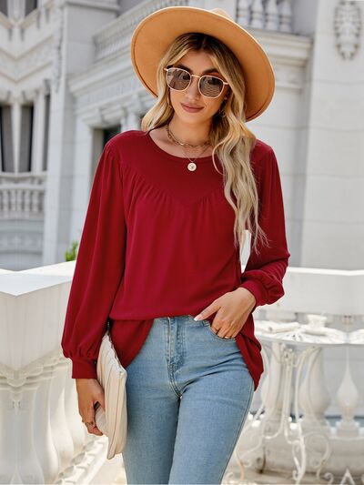 swvws Heathered Round Neck Lantern Sleeve Blouse