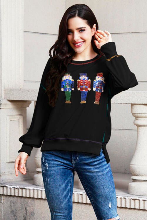 swvws Sequin Nutcracker Round Neck Slit Sweatshirt