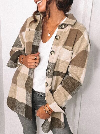 swvws Plaid Pocketed Dropped Shoulder Button Up Jacket