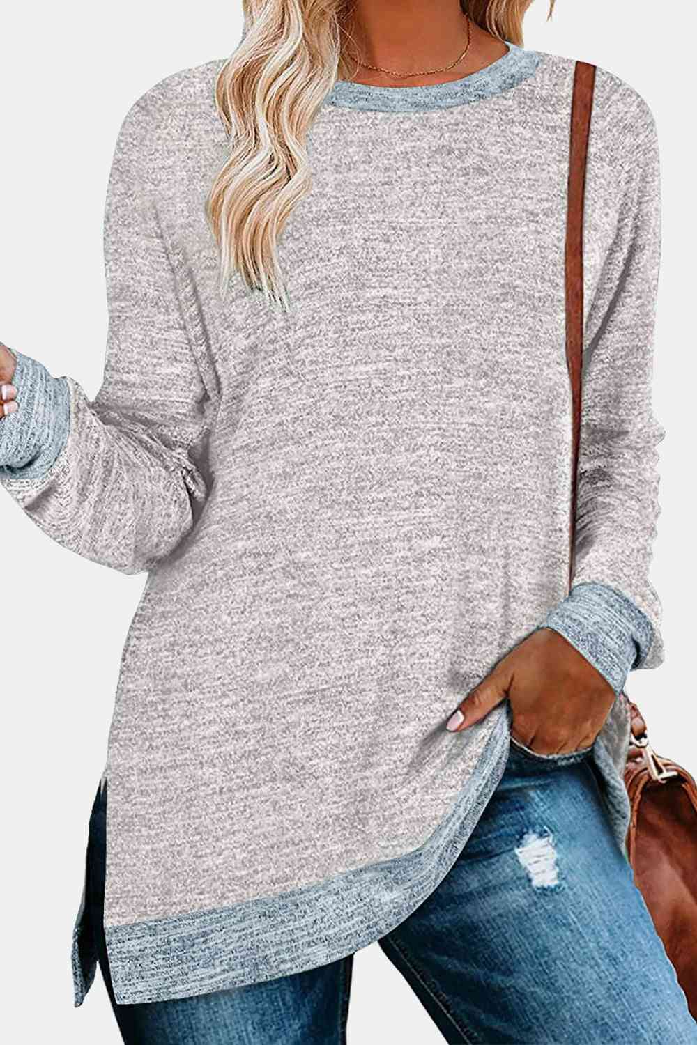 swvws Round Neck Long Sleeve Slit T-Shirt