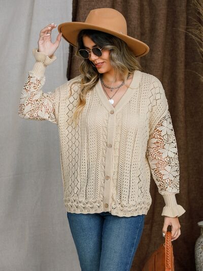 swvws Eyelet Button Up Lantern Sleeve Cardigan