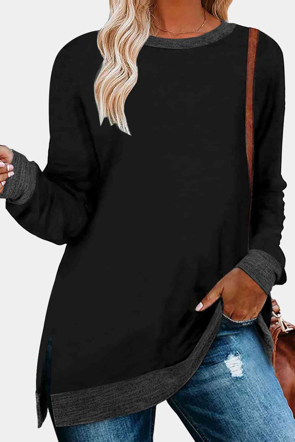 swvws Round Neck Long Sleeve Slit T-Shirt